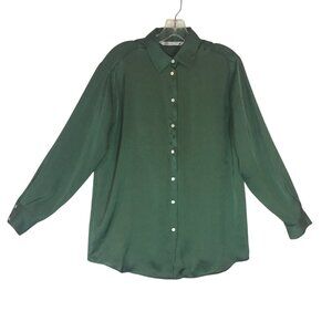 Zara Womens XS Button-Up Long Sleeve Blouse Green Polyester Career Business